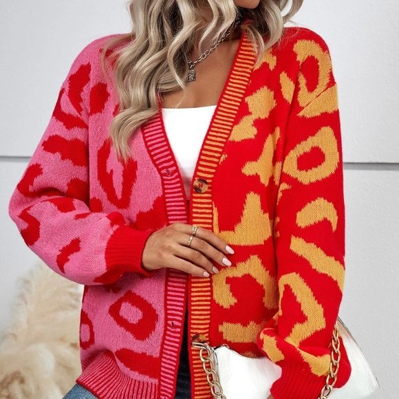 Multicolor Casual Womens Graphic Pattern Colorblock Drop Shoulder Cardigan - Picture 4 of 5